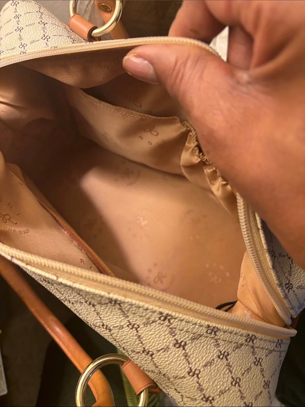 Rioni Beige Canvas Satchel with Tan Leather Trim